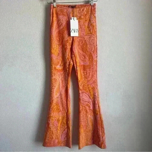 Zara Orange Pink Paisley Retro Hippie Flare Elastic Waist Pants Size S-NWT - Picture 2 of 10